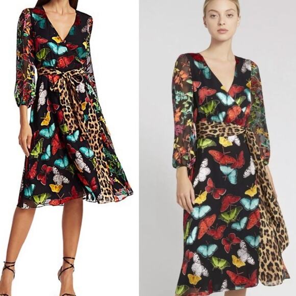 Alice + Olivia Jesse Wrap Dress 4/6 Silk Blend Whimsical Butterfly Leopard Midi - Picture 11 of 12